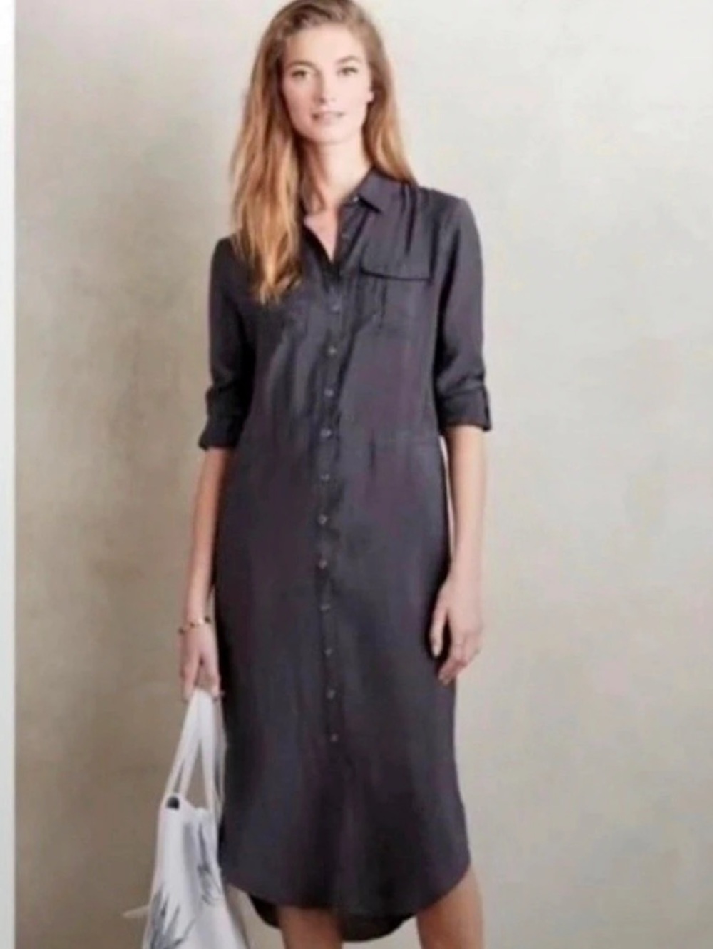 Anthropologie Maeve Jemima Charcoal Gray Button Front Midi Utility Shirt Dress 8